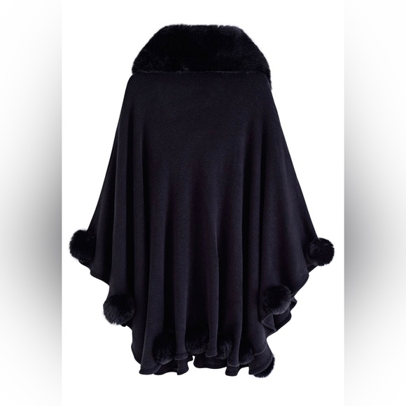 FAUX FUR COLLAR POM-POM TRIM PONCHO IN BLACK - Picture 2 of 4